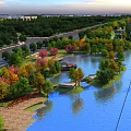 Scenic Waterfront Landscape With Colorful Trees Small Bridge Wooden Pavilion And River Reflections
