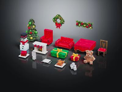 Christmas Themed Furniture Collection With Red Sofa Armchair Tree Wreath And Gifts 3d model