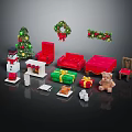 Christmas Themed Furniture Collection With Red Sofa Armchair Tree Wreath And Gifts