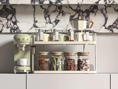 Modern Kitchen Countertop With Green Coffee Machine And Storage Rack Holding Jars Against Marble Backsplash 3d model