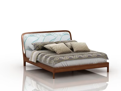 Modern Double Bed with Patterned Headboard Wooden Frame and Soft Pillows on Bedspread 3d model