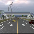 Modern White Arched Bridge Over Highway With Vehicles Trees Transparent Railing And Cloudy Sky