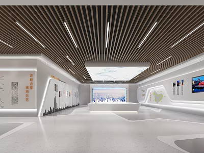 Modern Exhibition Hall Interior With Wooden Slats Ceiling Lighting Display Panels And Large Screen 3d model