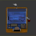 Vintage Slot Machine Blue And Wooden Design With Decorative Motifs Lever Buttons And Coin Slot