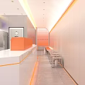 Modern Bright Bubble Tea Shop Interior With Orange Counter And White Stools