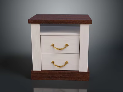 Wooden Nightstand With Two Drawers And Gold Handles White Fronts Dark Brown Top Base 3d model