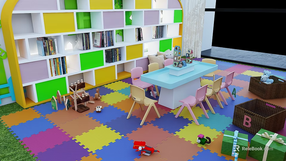 Kindergarten Classroom With Colorful Bookshelves Tables Pastel Chairs Colorful Floor Mats And Toys For Kids 3d model 