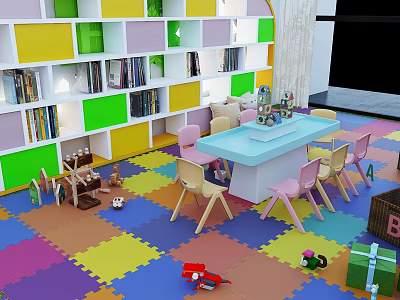 Kindergarten Classroom With Colorful Bookshelves Tables Pastel Chairs Colorful Floor Mats And Toys For Kids 3d model