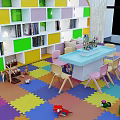 Kindergarten Classroom With Colorful Bookshelves Tables Pastel Chairs Colorful Floor Mats And Toys For Kids