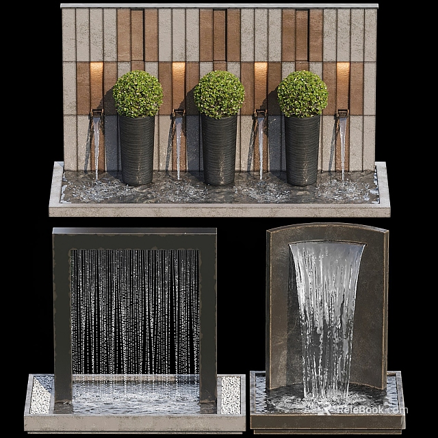 Fountain With Three Potted Plants Vertical Water Lines And Brick Wall Background 3d model 