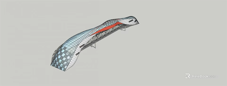 Modern Curved Bridge Design With Grid Patterned Surface And Red Accent Structure 3d model
