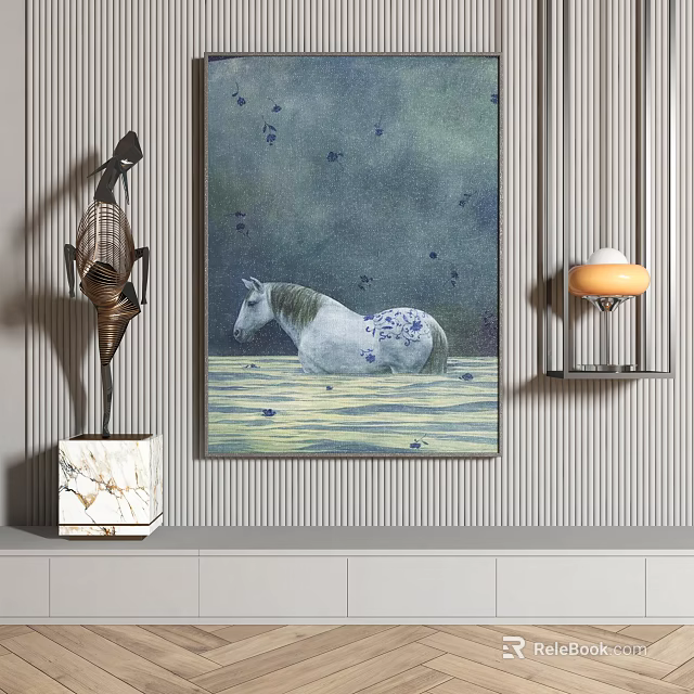 Animal Painting Of White Horse In Water With Blue Butterflies On Wall 3d model 