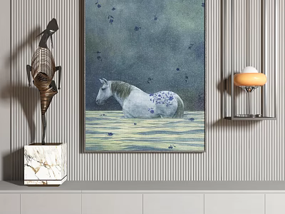 Animal Painting Of White Horse In Water With Blue Butterflies On Wall 3d model