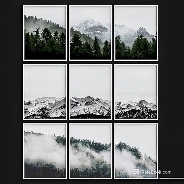 Modern Grid Frames With Mountain Forest Misty Landscape Art Prints 3d model 