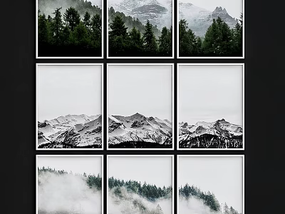 Modern Grid Frames With Mountain Forest Misty Landscape Art Prints 3d model