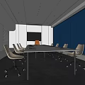 Modern Conference Room Interior With White Table Black Screen Blue Wall And White Chairs