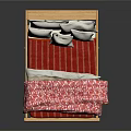 Wooden Double Bed with Bookshelf Headboard Red Patterned Quilt and Gray Pillows