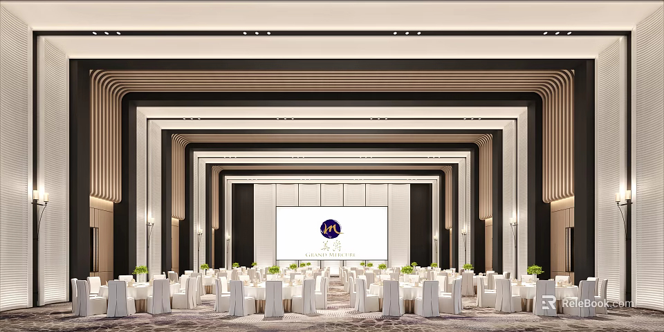 Modern Elegant Banquet Hall With White Tables Chairs Green Centerpieces Large Screen And Lighting 3d model 
