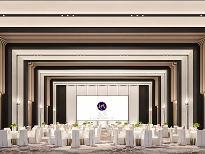 Modern Elegant Banquet Hall With White Tables Chairs Green Centerpieces Large Screen And Lighting 3d model
