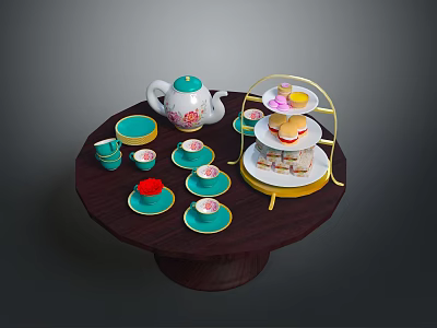 Ceramic Tableware Including Tea Pot Green Gold Rim Cups Saucers And Three Tier Dessert Stand 3d model