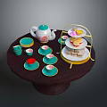 Ceramic Tableware Including Tea Pot Green Gold Rim Cups Saucers And Three Tier Dessert Stand