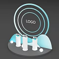 Modern Display Shelf With Circular Logo Background Three White Bottles Wave Decorations And Light Spots 3d model