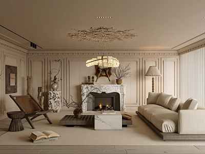 Elegant Living Room Interior With Fireplace Sofa Chandelier And Paneled Walls 3d model