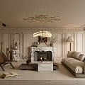 Elegant Living Room Interior With Fireplace Sofa Chandelier And Paneled Walls