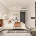 Modern Minimalist Bedroom Interior With Bed Pillows Nightstands LED Strip Light Chandelier And Potted Plant
