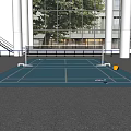 Indoor Badminton Court With Blue Floor White Lines Net Yellow Shuttlecock And Racket