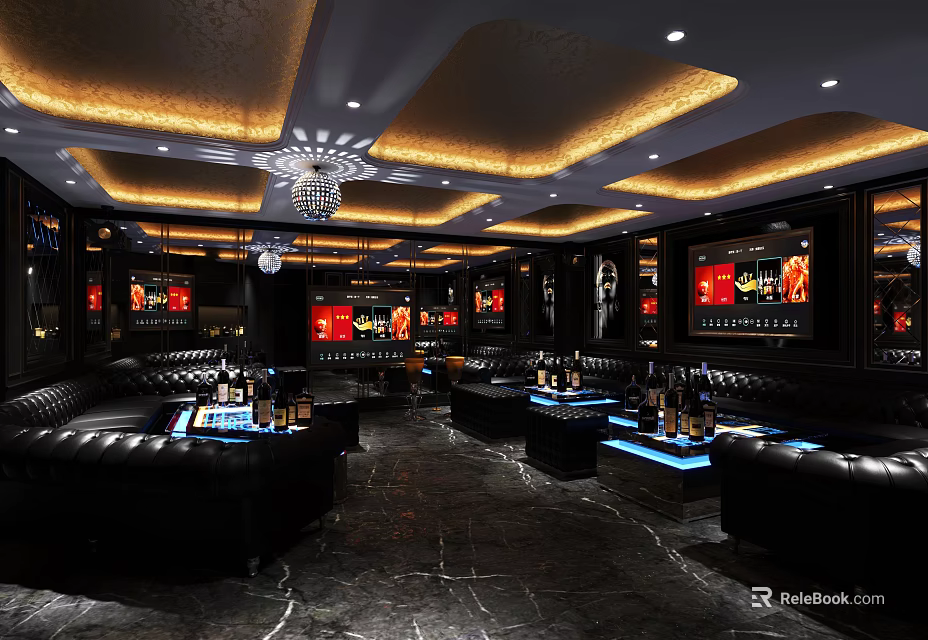 Luxurious KTV Interior Design With Black Leather Sofas Blue Lighting Chandeliers And Wall Screens 3d model 