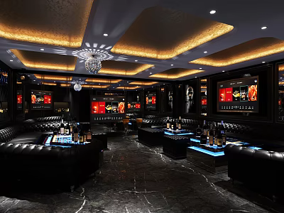 Luxurious KTV Interior Design With Black Leather Sofas Blue Lighting Chandeliers And Wall Screens 3d model