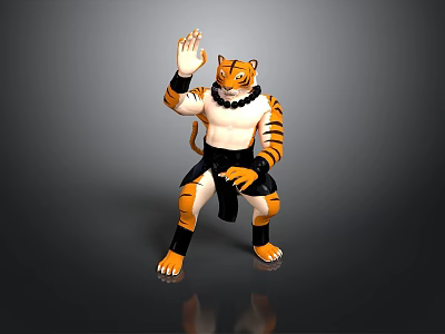 Tiger Character Action Figure With Orange Stripes Raised Right Hand Bent Left Leg Black Pants 3d model
