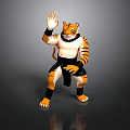 Tiger Character Action Figure With Orange Stripes Raised Right Hand Bent Left Leg Black Pants