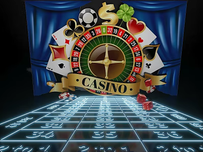 Casino Photo Spot With Roulette Wheel Playing Cards Dice And Blue Curtains 3d model