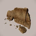 Ancient Stone Building Exterior With Broken Structure And Scattered Debris On Gray Background
