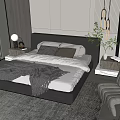 Modern Double Bed with Dark Headboard White Bedding Gray Throw Pillows Nightstand and Hanging Lights
