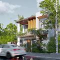 Modern Detached Villa Surrounded by Lush Green Trees With Two Story Design and White Car