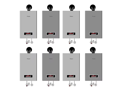 Multiple Units Of Haier Grey Water Heaters With Black Top And Connecting Pipes 3d model