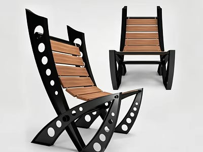 Unique Outdoor Chair With Wooden Seat And Black Metal Frame Design 3d model