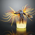 Hooded Character Floating With Glowing Yellow Orange Energy Streams Holding Bladed Weapon On Luminous Base