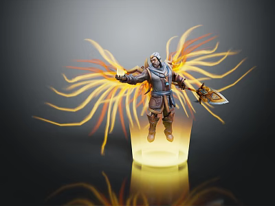Hooded Character Floating With Glowing Yellow Orange Energy Streams Holding Bladed Weapon On Luminous Base 3d model