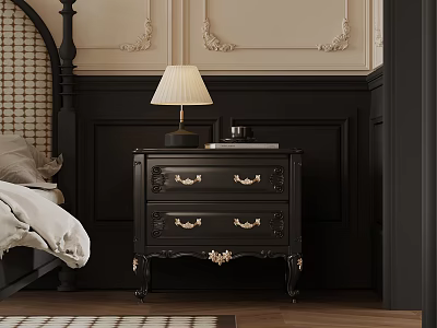 Black Nightstand With Gold Accents Table Lamp And Books In Decorative Bedroom 3d model
