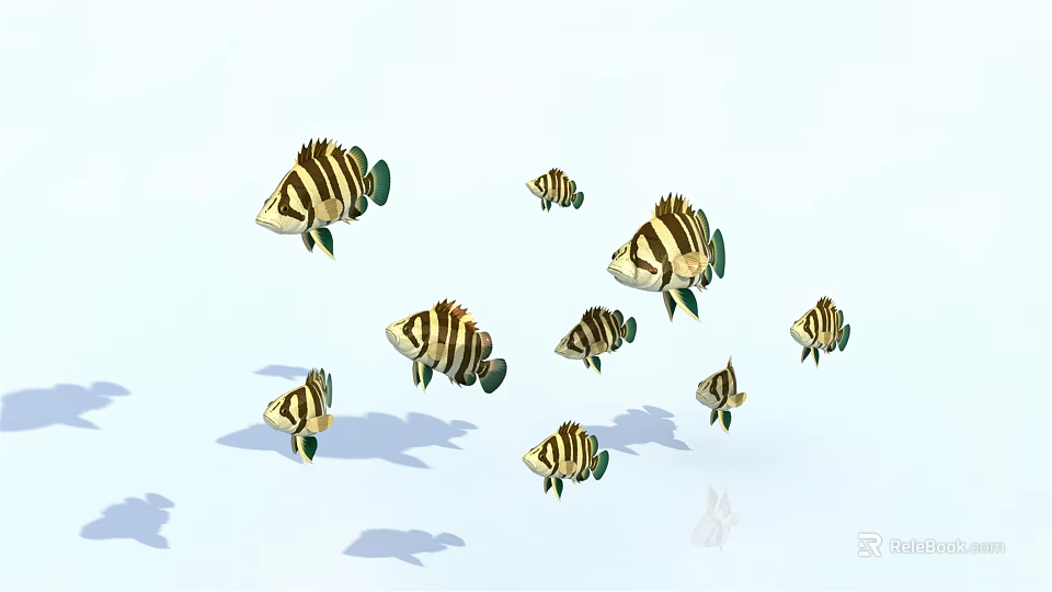 Group of Striped Aquatic Fish Swimming Gracefully Against White Background 3d model 