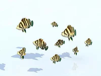Group of Striped Aquatic Fish Swimming Gracefully Against White Background 3d model