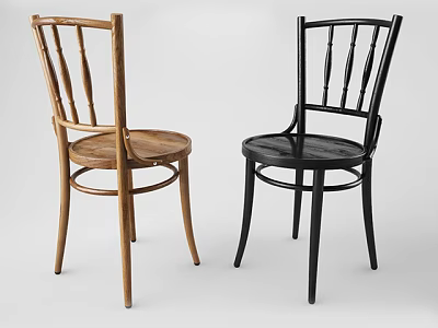 Modern Wooden And Black Dining Chairs With Slatted Backs And Thin Curved Legs 3d model