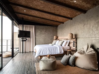 Hotel Room Interior With Wooden Ceiling Large Windows Gray Walls Bed And Bean Bag Sofa 3d model