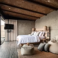 Hotel Room Interior With Wooden Ceiling Large Windows Gray Walls Bed And Bean Bag Sofa