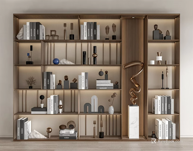 Elegant Modern Wooden Bookshelf Design With Multiple Shelves Books Trophies And Decorative Items 3d model 