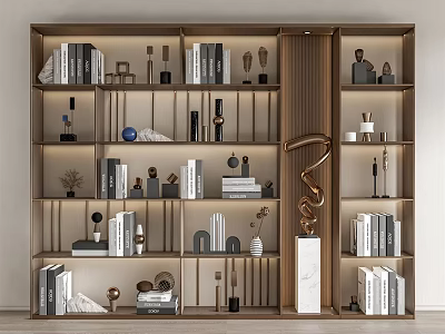 Elegant Modern Wooden Bookshelf Design With Multiple Shelves Books Trophies And Decorative Items 3d model